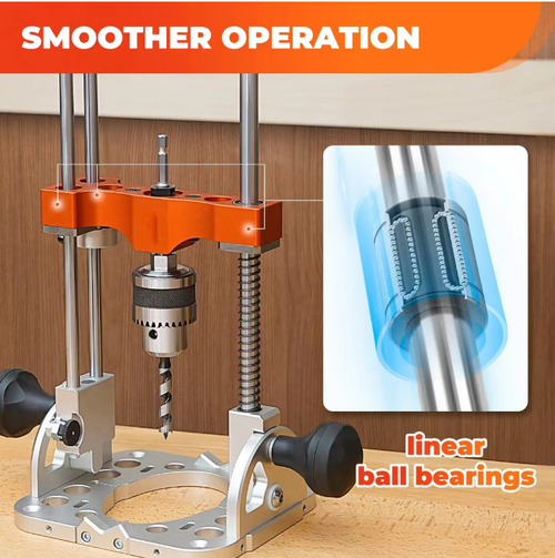 The portable drilling machine's guide bracket is equipped with ball-bearing guide rods for smooth up and down movement. It is compatible with a half inch chuck and can accommodate various drill bits. The all-metal base enables precise control of the drilling depth and supports vertical and inclined drilling. The split structure is lightweight and easy to store. It provides accurate positioning for woodworking and home decoration drilling, and even beginners can drill standard holes.