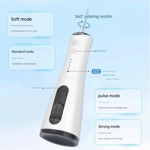 The 4-speed cleaning mode is suitable for scenarios such as sensitive gums and daily cleaning. The 360° rotating nozzle can reach deep into the gaps between teeth and the hidden corners of braces. The 300ml detachable antibacterial water tank is easy to clean and can be charged via Type-C connector for up to 30 days of use. It is compact and portable, making it an excellent companion for daily oral hygiene.