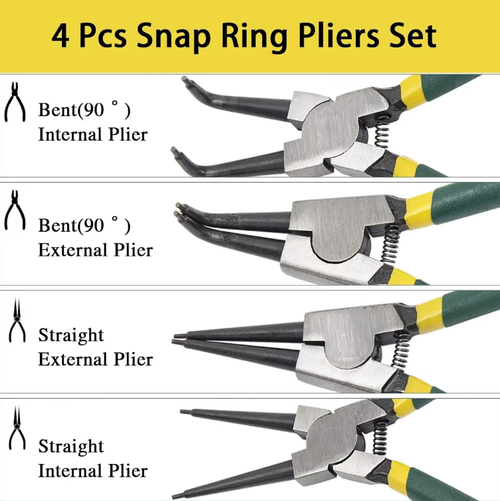 Four-in-one set of locking pliers, containing four types of locking pliers: inner straight, inner curved, outer straight, and outer curved. The alloy steel plier heads are sturdy and durable, with rubber-coated non-slip handles that provide a firm grip and are easy to return to their original position, making them suitable for disassembling and assembling shafts and holes. Comes with a hard plastic storage box for convenient carrying and storage, with strong practicality.