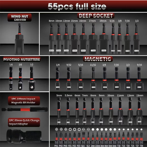55-piece impact socket set of drill bit tools, made of alloy steel with hardened and torsion-resistant properties, featuring built-in strong magnetic attachment for screws and nuts. The set includes various lengths of sockets and drive connectors, suitable for impact drills, electric drills, auto repair, and general household disassembly and assembly. The transparent layered tool box is portable and can be easily stored, with items neatly organized for a complete repair kit.