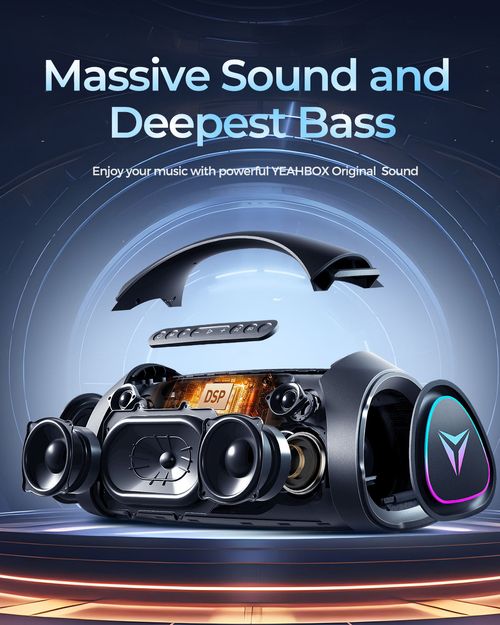 YEAHBOX Sonic Lion Bluetooth Speaker, 200W high power Berlin sound speaker, premium outdoor heavy bass portable audio. Built with high-quality sound unit, it delivers thick surging bass and pure transparent vocals with no distortion even at high volume. Fast Bluetooth connection and long-lasting battery life. Portable and sturdy design, perfect for outdoor parties, camping karaoke, home leisure and live performances with immersive sound atmosphere.
