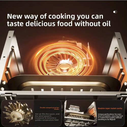 This large-capacity air fryer and convection oven features a panoramic window for real-time monitoring of the cooking process. It has a double-layer large capacity that can handle meals for the entire family at once. With intelligent touch control and preset recipes, it features a 360° hot air circulation for even heating. It is low in fat, healthy, easy to clean, and is an all-in-one cooking powerhouse for your home kitchen.