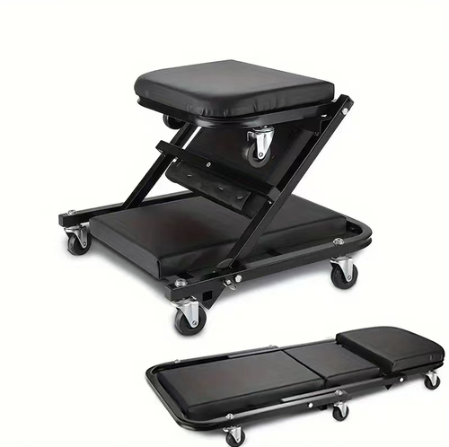 Essential for auto mechanics! A 36-inch foldable car repair bench with thick soft cushioned waist support, capable of supporting up to 330 pounds. It can instantly transform into a small wheel stool, with swivel wheels for smooth movement. It can be folded and stored without taking up much space. It's convenient for both lying and sitting during repairs, and makes it effortless to access the underside of the car without any discomfort.