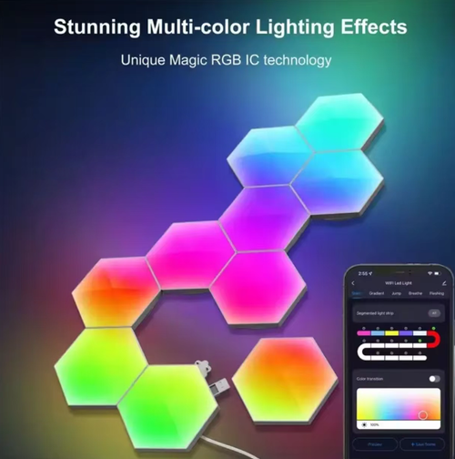 This set of RGB quantum lights is an atmosphere-enhancing wonder: The hexagonal light blocks can be freely customized in shape, and 160 million colors can be adjusted at will. It offers multiple control methods including voice control and app control. It can be installed without drilling holes without damaging the wall. It is suitable for gaming rooms, bedrooms, and living rooms, and can be easily used to create a cyber-chic space.