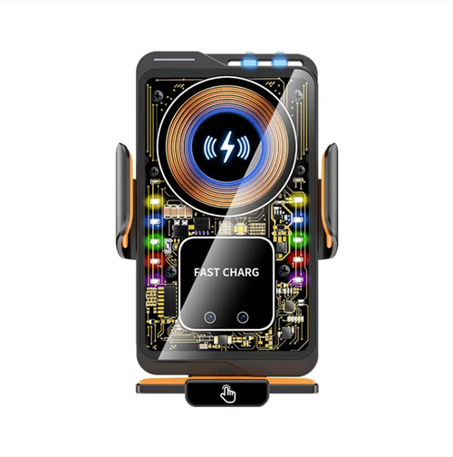 66W Fast Charge Car Wireless Charging Stand: Intelligent sensor opening and closing, alloy arm + silicone pad for stable and scratch-resistant protection. 360° universal ballhead compatible with multiple vehicle air outlets, compatible with multiple brands' fast charging protocols, and can provide fast charging at low temperatures without damaging the battery. RGB glowing gradient, dual-purpose for car desktop, stable even on bumpy roads.