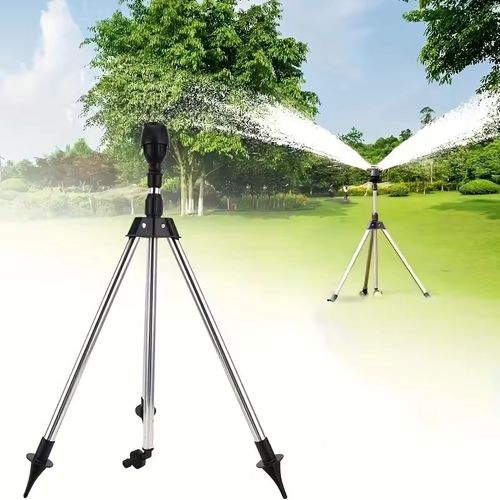 This set of McGee sprinkler tripod package is a gardening time-saver wonder: The 360° automatic rotating sprinkler evenly waters plants and flowers. The stainless steel tripod stands stably and can be adjusted for height. It comes with 4 or 6 connectors to fit multiple water pipes. Once connected, it automatically irrigates, saving water and effort. It is suitable for garden, vegetable garden and flower beds.