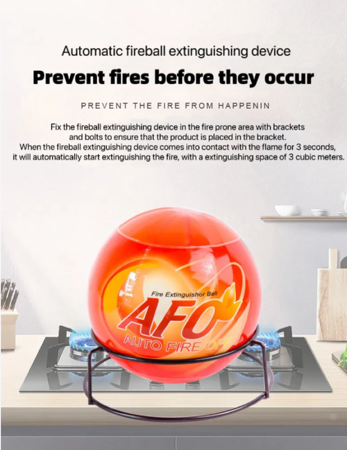 AFO Automatic Sensing Fire Extinguishing Ball. When exposed to fire, it automatically releases harmless dry powder within 3-5 seconds. It can protect multiple scenarios such as homes and offices for 24 hours. It is the intelligent terminator for fire outbreaks and helps you build a secure defense line!
