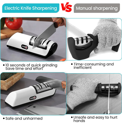 Home electric knife sharpener, easy to use with just one press! It takes only 3 seconds to sharpen the blade, and it is compatible with various knives such as kitchen knives and scissors. The precise angle ensures no damage to the blade. The compact design doesn't take up much space, and it is safe for both adults and children to use. This product makes every cutting task swift and smooth, doubling the efficiency of the kitchen!