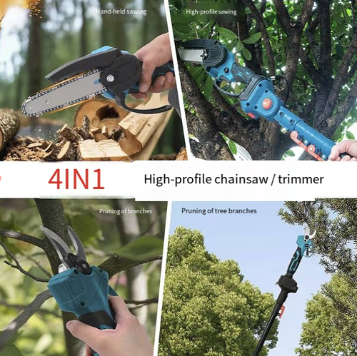 This four-in-one lithium battery high tree pruning saw and trimmer integrates high tree saw, high tree trimmer, handheld saw and handheld trimmer. With the extendable telescopic rod, it enables you to prune high branches without climbing. The SK5 steel blade is sharp and durable, and the 21V lithium battery offers long-lasting power. It is a safe and efficient choice for garden pruning. It injects vitality and energy into the garden and orchard.