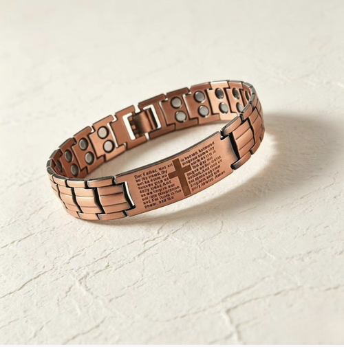 Vintage men's magnet bracelet. The red copper textured links are tough and neat, allowing for adjustable and detachable design to fit different wrist sizes. The engraved details showcase individuality. The magnets fit snugly and are comfortable to wear. The material is durable and doesn't fade easily. All of these make it a choice that combines both appearance and practicality. It is a low-key and high-quality accessory for men's daily outfits.