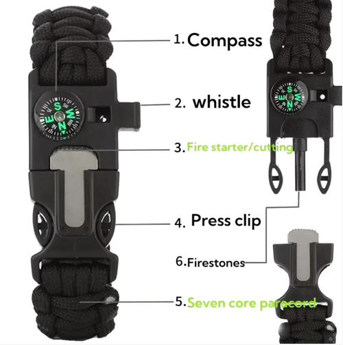 It integrates a compass, a fire starter, a survival whistle, a 7-strand rope, and a cutter. It is lightweight and portable, resembling a piece of jewelry. The fire starter is suitable for both dry and wet conditions, and the compass is shock-resistant and highly accurate. It is suitable for navigation during camping, calling for help while hiking, and emergency binding. It can serve as both a daily decoration and a life-saving tool.