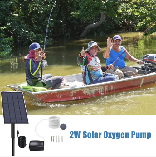 Solar-powered outdoor silent oxygenating pump for fish ponds. No electricity connection required. The solar panel can be adjusted at an angle. Combined with the gas pipe and aerator stones, fine bubbles efficiently increase oxygen levels. Complete accessories make installation easy. Suitable for garden ponds, fishing temporary holding tanks. Waterproof for outdoor use. Continuously supplies oxygen without any electricity cost throughout the day.