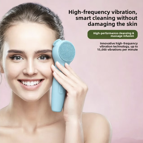 Rechargeable silicone multi-functional facial cleansing device, with divided soft rubber brush heads that can deeply clean blackheads and sebum, and multiple vibration adjustment levels. It also has a built-in red light heating function, which can assist in the absorption of essence. It is fully waterproof and easy to clean, has wireless power supply and portability, combines cleansing and massage functions into one, suitable for all skin types for home skincare use.
