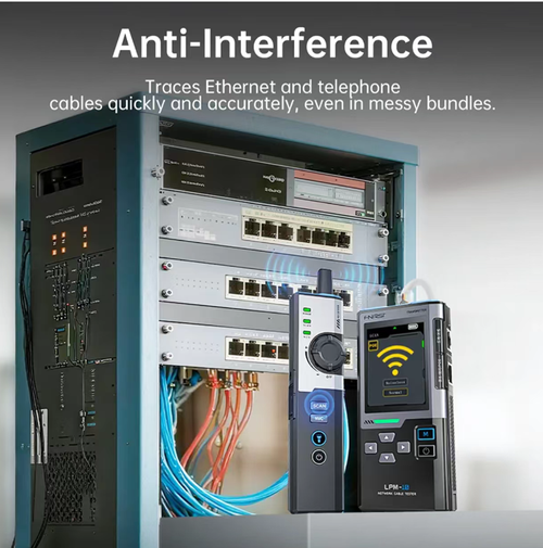 FNIRSI LPM-10 Multi-functional Wire Tracing Instrument, capable of performing cable tracing, continuity and interruption length testing, PoE detection, NCV electrical testing and network speed measurement. With a 2.4-inch color screen for visual operation, it features 60V voltage withstand safety protection. Its portable and integrated design makes it a professional-level all-in-one diagnostic tool for network cabling and maintenance.