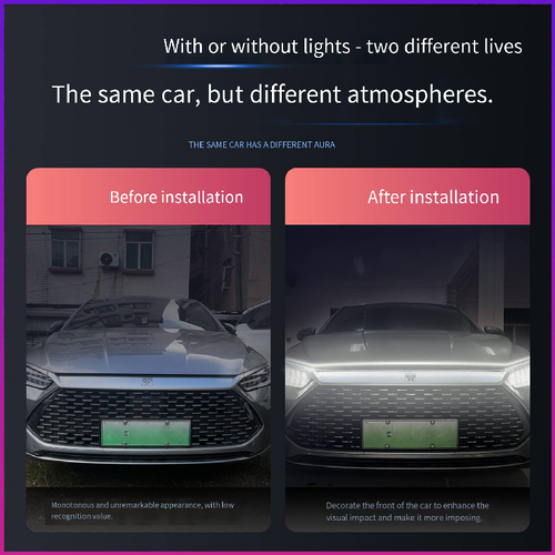 Nighttime C position must-have item, silicone waterproof shell, red and white cyber style, perfectly fits the car hood. 8 types of dynamic lighting effects, flowing light during driving is eye-catching, parking breathing lights create stunning photos. 10-minute seamless installation, compatible with multiple vehicle models. Bright but not dazzling, dual function of decoration and enhancing recognition. The front of the car instantly becomes an exclusive model!