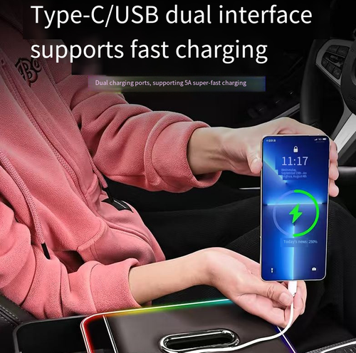 Multi-functional car armrest storage box, with multi-layer large capacity to store tissues and scattered small items. Side has a cup holder. Comes with RGB multi-mode ambient light. Dual Type-C + USB interfaces with 5A fast charging. Leather texture matches the interior. Easy to install and anti-slip for storage. Helps organize the center console and upgrades the driving experience. With practical functions and exquisite details, each journey becomes more comfortable and convenient.