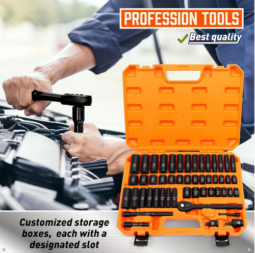 50-piece impact sleeve set, featuring a ratchet handle, an extended rod and a conversion connector. Made of chrome-vanadium steel, it is durable and resistant to impact. The laser-etched scale is clear. The custom storage box is portable and easy to find, covering all scenarios of auto repair and home maintenance. It is an efficient tool for both professional and daily repairs.