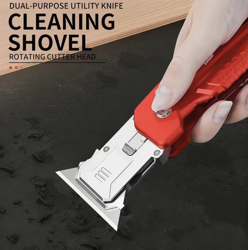 Thickened steel body multi-functional cleaning shovel. The rotatable blade head is suitable for cleaning various gap surfaces, and it can be used for scraping, chipping and cutting in one operation. It comes with a spare blade storage compartment. The non-slip handle makes holding easy and comfortable. It can remove joint sealant, wall plaster, and residual glue stains. It won't damage tiles or glass. Suitable for general use in renovation, cleaning, and home decoration.
