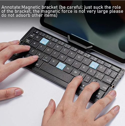 This mini folding Bluetooth keyboard: Three-section folding for easy portability, full key layout + compatibility with multiple systems, magnetic stand to free your hands, Bluetooth 5.0 stable connection, long battery life and low-noise keys, suitable for all scenarios such as office work, study and travel, unlocking a new way of mobile office, transforming small-screen devices into productivity tools in an instant.