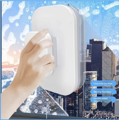 This powerful double-sided window cleaning tool is compatible with 20-35mm double-glazed windows, enabling synchronized wiping on both sides via magnetic force. Equipped with absorbent cotton pads and water-wiping rubber strips, it effectively removes water stains and dust. Featuring a thickened ABS and aluminum alloy structure with a non-slip handle, it allows indoor operation to clean exterior high-rise windows. The cotton pads are removable and reusable.