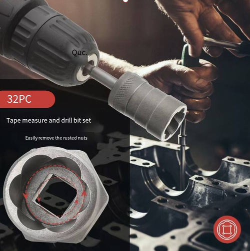A 32-piece Plum-shaped sleeve disassembly tool set, featuring a wide range of different-sized sockets that can fit various irregular anti-theft bolts. Made of alloy steel, it has high hardness and strong torque, ensuring a secure and non-slipping bite. It is also equipped with an extended connecting rod, making it convenient to operate in narrow spaces. The entire set of tools is stored in a portable toolbox, suitable for vehicle maintenance and disassembly installation of household equipment.