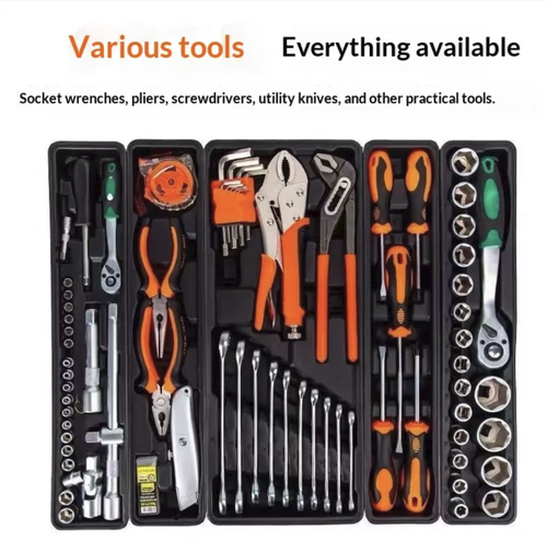 This 85-piece three-layer folding hardware tool set comes with a 24-tooth ratchet wrench and a full range of accessories such as sockets and pliers. The three-layer folding metal box provides categorized storage, making it sturdy and durable. It is an efficient and all-round choice for household repairs and car maintenance. Make every action filled with confidence, ensuring the safety of your home life and vehicle maintenance.