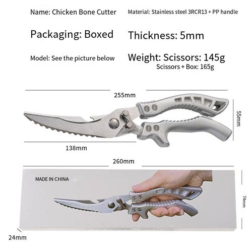 If you place the order today, we will send you a total of 3 ergonomic handle kitchen multi-functional stainless steel bone-cutting knives. They are equipped with an automatic rebound function and a reinforced lever with anti-slip handles. It's easy to cut chicken bones. They are rust-proof, wear-resistant and won't become blunt easily. They can handle various heavy tasks in the kitchen, making food processing more efficient. It's a practical tool.
