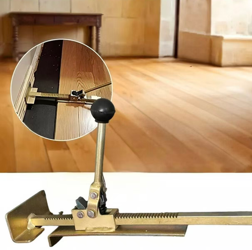 Portable wooden floor tensioner, made of thickened galvanized steel, with a gear-rack structure and a non-slip handle. It is used for tensioning the installation of solid wood boards and composite floors, adjusting the gap between the boards, and can also assist in the removal of old floors by pulling them back. It can be operated by one person. The base is stable, making it convenient for home decoration construction and floor renovation and repair. It is easy to store.