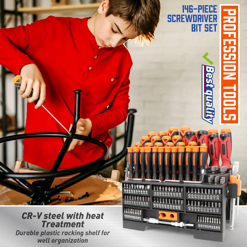 146 sets of magnetic screwdriver tool kits, including a complete set of bits, long-handled screwdrivers, hexagon wrenches and extension rods. The bits are highly magnetic and have anti-slip properties, making them less likely to fall off. The kits come with a compartmentalized vertical plastic storage rack for easy organization and quick access. This set is perfect for all kinds of repairs, including furniture, electronics, vehicles, plumbing and electrical work.