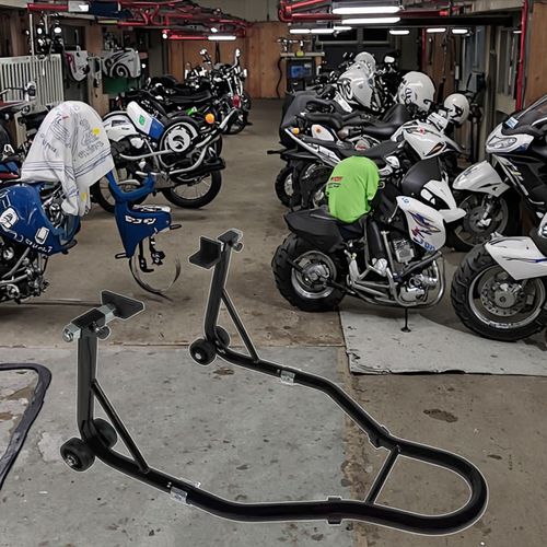 Universal motorcycle bracket, 500KG load-bearing capacity, thickened tube wall + double-sided welding for stable and non-shaking performance. It fits multiple vehicle models for both front and rear wheels. With solid wheels, it allows one person to move the vehicle. Suitable for various scenarios such as maintenance, washing, parking. Simple installation. Essential for motorcycle enthusiasts!