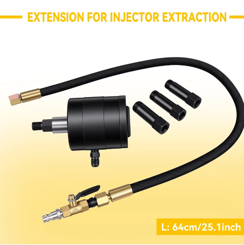 Pneumatic diesel fuel injector disassembly tool kit. The pneumatic pulling method does not damage the cylinder head. Various specifications of connectors are compatible with all types of diesel vehicles. Alloy steel parts are wear-resistant and durable. The complete set of accessories comes with a portable tool box. It is specially designed for auto repair stores for maintenance purposes, saving effort and being highly efficient.