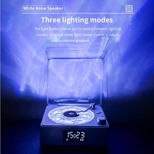 Listen to the retro atmosphere audio system. The black vinyl rotates in a horizontal manner + 7 types of white noise. Sea waves wind sounds can be automatically enveloped in 3D surround sound. 3 levels of atmosphere lights change gradually with the music, cold blue like the deep sea, warm yellow like the setting sun. Touch control + remote control dual operation. It is not only a sleep aid but also a bedroom atmosphere decoration item.