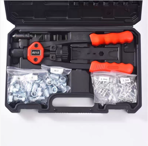 All-in-One Riveting Kit 160-piece Set. Manual Riveting Gun, featuring various sizes of rivets and tools. Dual-handle design for ease of use by beginners. High-strength material ensures durability and reliability. Comes with a portable storage box. This set solves all your riveting needs.
