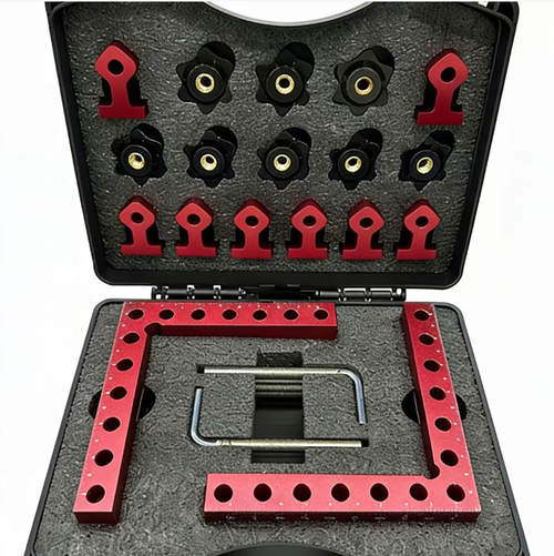 This woodworking clamping device is a great DIY helper for one person. The red aluminum L-shaped clamping board has markings and multiple holes to fit various sizes of workpieces. The knob can be tightened to lock the right angle firmly. It is suitable for storage boxes, shelves, photo frames, etc. The storage box can be returned to its original position without losing any parts, saving time and reducing waste. It enables you to easily complete neat work.