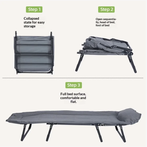 Eight-legged reinforced folding rest bed, size 170×58cm, with multiple adjustable backrest positions. Thick soft cushion with good breathability and skin-friendly properties. Comes with a pillow and side storage bag. The steel frame is stable and anti-slip. It can be folded and stored in one click, being lightweight and space-saving, making it a practical item for workers, camping enthusiasts, and home backup.