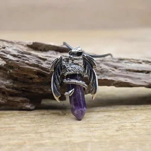 Mysterious Mythology-style Natural Amethyst Double-Tipped Hexagonal Prism Pendant - Retro-aged Stainless Steel Dragon-shaped Inlaid Spiritual Energy Guardian Stone Necklace - Eastern Dragon Rhythm Personalized Clothing Accessory for Both Men and Women - Spiritual Healing Feng Shui Crystal Pendant - Online Exclusive Popular and Unique Design Necklace