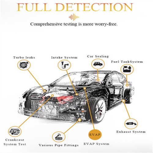 Automotive Smoke Leak Detector, Engine Intake Leak Tester, Exhaust Pipe & Pipeline Leak Test Tool. Detects leaks in intake system, exhaust pipe, vacuum line, fuel line and sealed interfaces. Visual smoke leak detection, no disassembly needed, quickly and accurately locates leaks, improves repair efficiency. Easy to operate, suitable for repair shops, 4S stores, tuning shops and personal use, professional auto testing tool, cross-border supply.