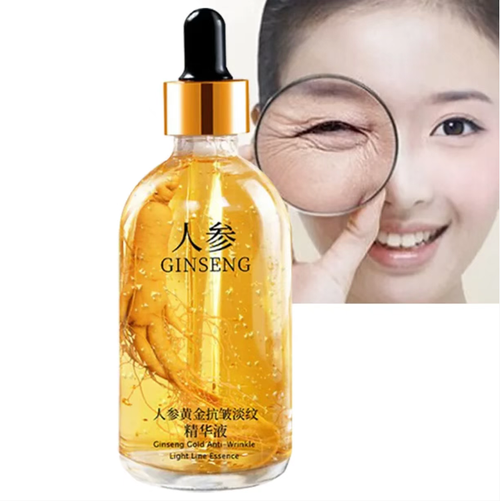 This Ginseng Golden Anti-Wrinkle and Wrinkle-Reduction Essence Liquid contains ginseng inside the bottle and the essence has a golden yellow texture. Using a dropper to draw the liquid, it can prevent wrinkles and reduce lines, infusing the skin with the energy of ginseng essence, helping to improve the skin condition and revitalize the skin with a youthful glow.
