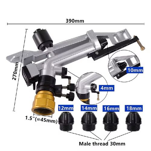 Metal swivel sprinkler head, the king of labor-saving irrigation, made of zinc alloy, durable and resistant to corrosion. It can rotate 360° automatically for spraying. It comes with 5 types of nozzle switches for water mist, water column, adjustable from 10-22 meters distance and 15-45° angle. It is suitable for various scenarios. Just connect the water pipe and it's ready to use. It saves labor and time for irrigation. It is suitable for farmers and family vegetable gardens.