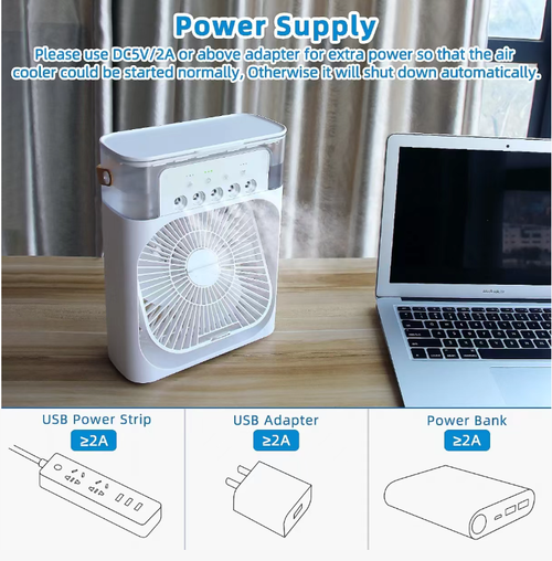 The water storage tank emits cool mist, providing both ventilation and cooling as well as humidification. It is suitable for bedrooms, offices and kitchens. It supports power supply for multiple devices, has a handle for easy portability, and comes with an ambient light + timer. If you place an order today, you will receive 2 five-hole LED spray cooling fans. They are quiet and won't disturb sleep, offering coolness wherever you go in summer. Come and place your order now!