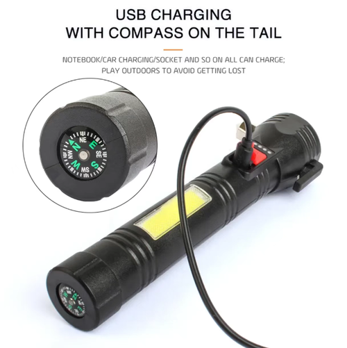High-hardness tungsten steel window breaker, shatters car windows with a single strike. Hidden seat belt cutting knife, quickly frees you from danger. Five-level light adjustment: main light emits strong far-reaching light and flashes for emergency calls, side lights provide diffuse illumination. The rear part is equipped with a compass, USB fast charging. Compact and portable, it is not only a lighting tool but also a life-saving device for travel.