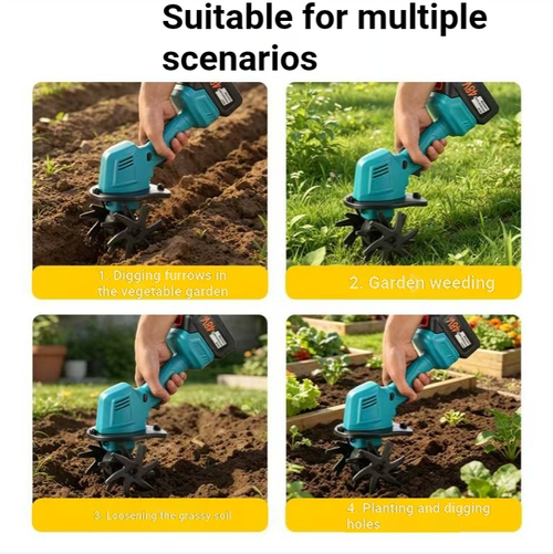 A handheld lithium battery-powered small tiller, driven by wireless lithium battery, with a tillage width of 120mm and a depth of 110mm. It features a metal rotary blade head, capable of loosening soil and removing weeds. It is suitable for use in bonsai gardens, flower beds, and small vegetable gardens. It comes with a mud guard plate, allowing for flexible movement. It is suitable for small-scale gardening. When using, avoid stones and clean the soil promptly after use.