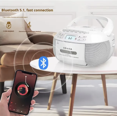 Retro CD and tape Bluetooth player, supporting CD, tape and FM radio playback. With Bluetooth, it can connect to your mobile phone and instantly turn into a speaker. The stereo speakers have rich and full sound quality. It also has remote control and recording functions. Retro and portable, it is a multi-purpose music device for nostalgic enthusiasts. It is a music companion device that can transcend time.