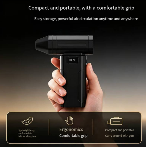 This black handheld wireless cleaning fan is equipped with a 5200mAh battery and can be charged via USB. It features an electricity display screen and an auxiliary lighting lamp, allowing for adjustable air outlets. The strong wind is used for dust removal. The device is compact and portable, with a non-slip handle. It is suitable for cleaning floating dust and debris at home or in the car. Please do not block the air outlet when using it.