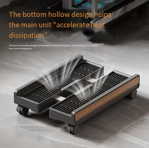 25-32cm adjustable to fit various-sized computer cases. The perforated grille design accelerates heat dissipation. The 360° swivel wheels are equipped with a push-button brake, ensuring stable movement without scratching the floor. The black background with wood grain appearance is simple and elegant, suitable for both gaming and home scenarios. It is a practical choice for hosting and storage of computer equipment.