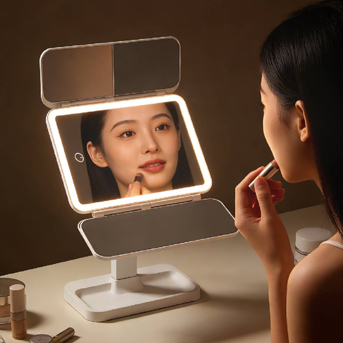 270° Fully Rotatable 4K Ultra-HD Trifold LED Lighted Makeup Mirror with 2X3X Magnification Panels, True-to-Color Dimmable Anti-Glare Vanity Mirror, Polarization-Free Cosmetic Mirror with Long-Lasting Rechargeable Battery, Non-Dazzling Eye-Caring Lighting, Adjustable Brightness, Perfect for Precise Makeup Application, Eyebrow Grooming, Skincare Analysis, At-Home Beauty Station Organization & Travel-Friendly Cosmetic Touch-Ups