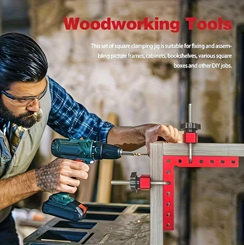This woodworking clamping device is a great DIY helper for one person. The red aluminum L-shaped clamping board has markings and multiple holes to fit various sizes of workpieces. The knob can be tightened to lock the right angle firmly. It is suitable for storage boxes, shelves, photo frames, etc. The storage box can be returned to its original position without losing any parts, saving time and reducing waste. It enables you to easily complete neat work.