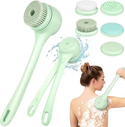 Multi-brush all-scenario compatible electric shower brush: 180° rotating long handle covering the back, joints, dead area. Electric deep cleaning system. 5 functions of brush heads (daily cleaning, gentle facial cleansing, soothing massage, exfoliation management, deep skin cleansing). Oil removal and dust removal. Relieves body fatigue. An efficient home tool that covers all aspects of bathing, cleaning and care for the entire body in one package.