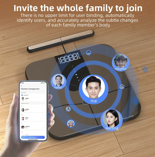 This eight-electrode smart body fat scale offers medical-grade accuracy in monitoring comprehensive health data of the entire body. The invisible LED high-definition screen provides clear readings. It has an ultra-long battery life of 180 days and supports Type-C fast charging. It also enables multiple users in the family to be bound. It is a professional-level monitoring device for home health management and fitness shaping.