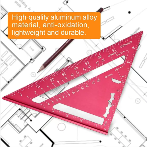 The woodworking marking tool! This triangular ruler is extremely precise, made of high-purity aluminum, with clear and accurate markings down to millimeters. It can measure angles and lengths on both sides, has a pen holder with an ink reservoir for marking lines, and offers a comfortable grip that is resistant to scratches and wear. It is a three-in-one tool for marking, measuring, and positioning. Even beginners can precisely draw mortise and tenon joints!